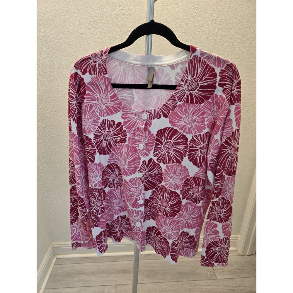 White Stag L Pink Floral Button Up Y2K Cardigan Lightweight Long Sleeve Women